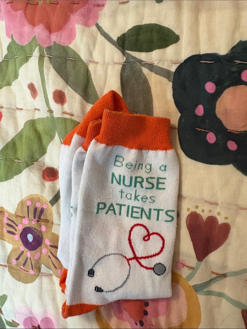 Nurse Socks with Heart Stethoscope - White & Orange